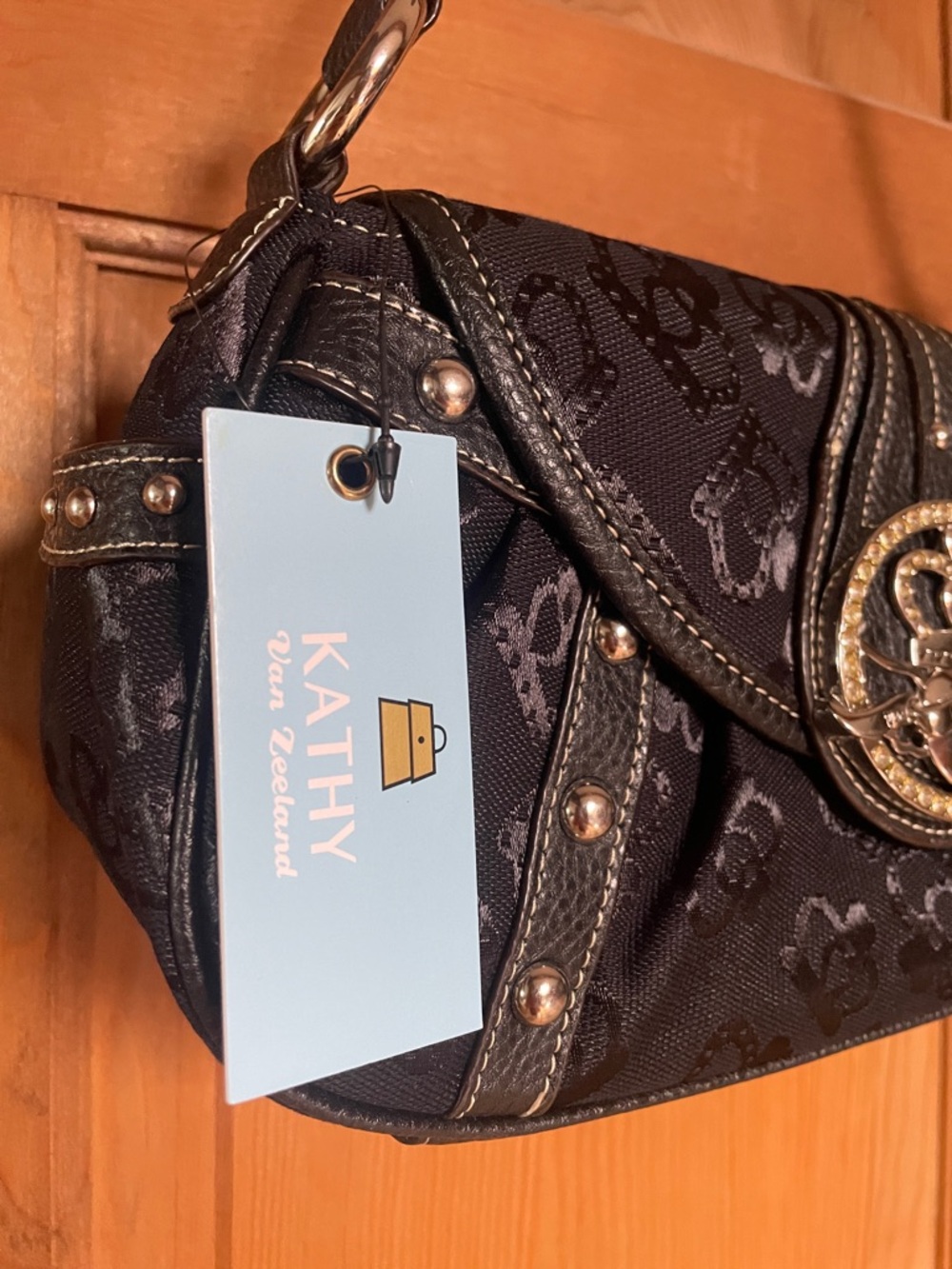 Kathy Van Zeeland Black Shoulder Bag with Crystal Emblem - Picture 2 of 6